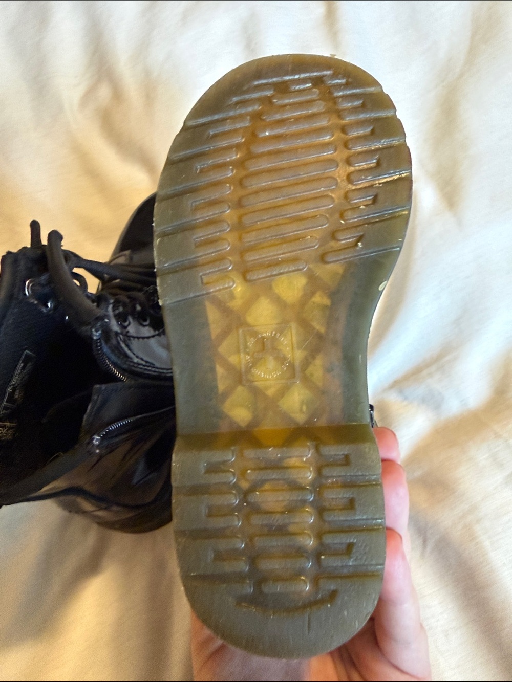 Dr. Martens Black Patent Lace-Up Ankle Boots with Yellow Heel Loop - Picture 6 of 7